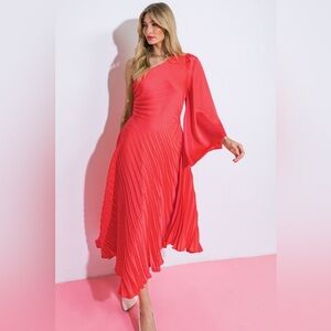 Flying Tomato Coral One-Shoulder Pleated Midi Dress